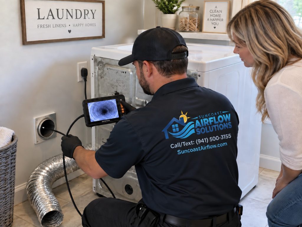 Technician inspecting a dryer vent